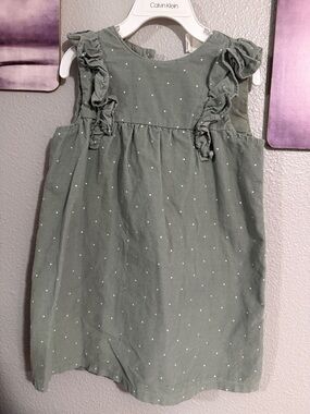 H&M Ruffled Corduroy Dress Girls Polka Dot Print Soft Cotton sage green 4T